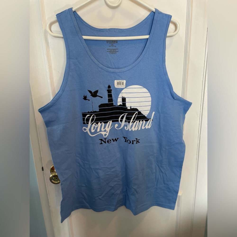 Mens large sleeveless tank top blue long island surf muscle shirt vacation